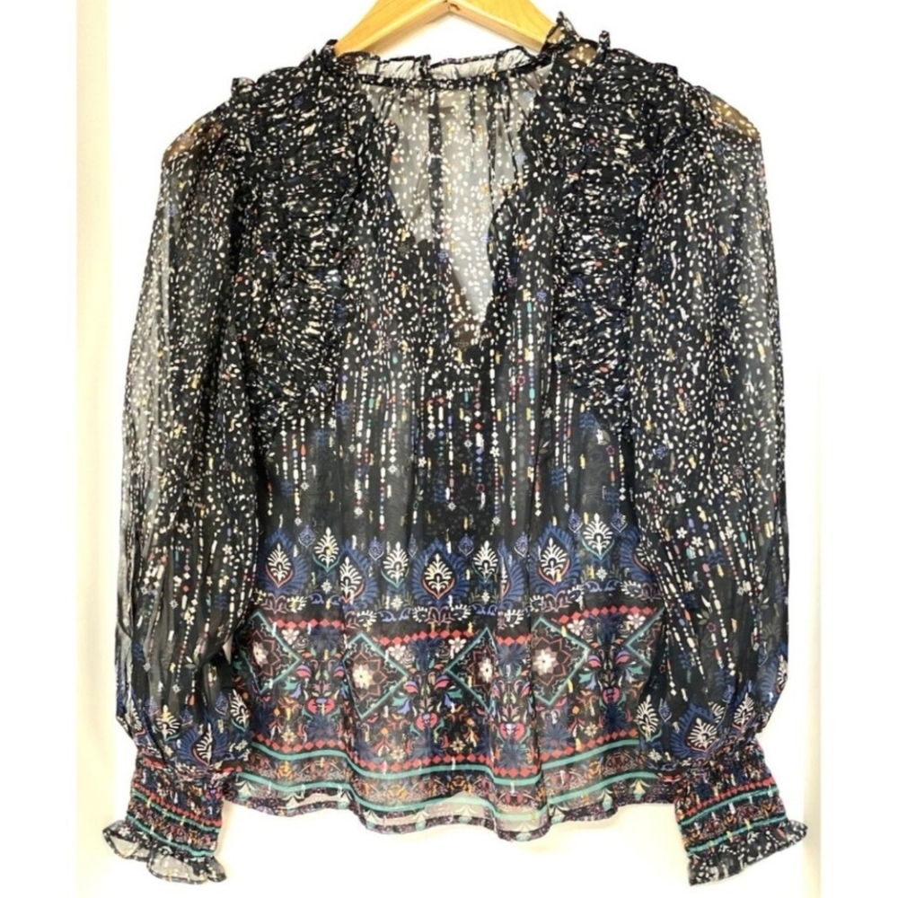 ANTHROPOLOGIE Forever That Girl  Sheer Bohemian Peasant Style Ruffle Blouse NWT
